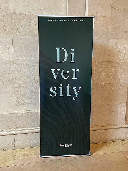Green vertical banner that has the word "Diversity" on it