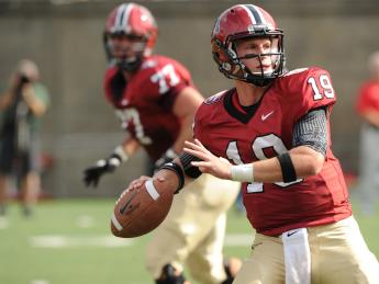 Quarterback Colton Chapple threw four touchdown passes in Harvard's 45-13 victory over Cornell. Receiver Andrew Berg caught three of them.