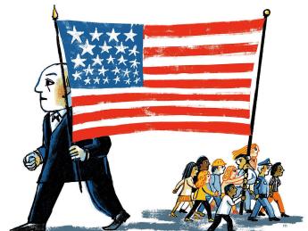 Illustration showing U.S. flag pulled different directions by an oligarch and ordinary citizens