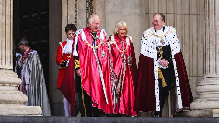 Majesties King Charles III and Queen Camilla, together with the Lord Mayor, exit St Paul's Cathedral after the service.