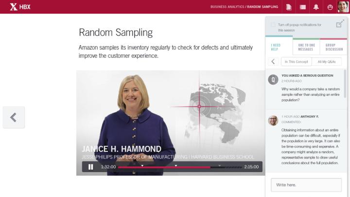 A screen shot of Professor Janice H. Hammond teaching in the HBX CORe business analytics course