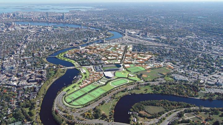 A digital rendering of the campus as planners envision it 50 years from now is superimposed on an aerial photograph of Allston today. Prominent among Harvard's proposals is the decking over of Soldiers Field Road on both sides of the Larz Anderson Bridge in order to improve connections across the Charles River.