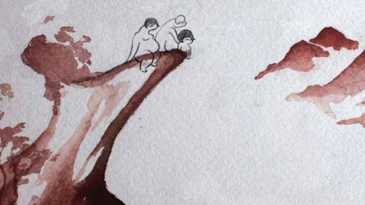 Another image from “Reneepoptosis”: three slightly human figures, drawn in ink, on the edge of a cliff, part of a background done in watercolor