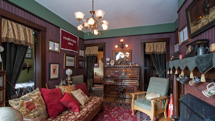 A view of the restored Franklin Delano Roosevelt Suite in Adams House. A piano was required because both FDR and his roommate belonged to the Glee Club.