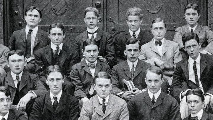 FDR (first row, second from left) and his roommate Lathrop Brown (first row, far right) pose with fellow Glee Club members in the fall of their freshman year.