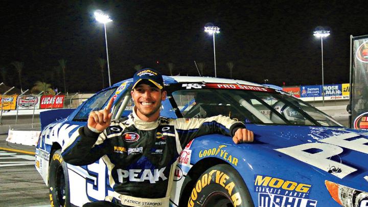 A grinning Staropoli celebrates after winning the NAPA Auto Parts 150 in Irwindale, California, last year.