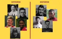 Head shots of football players divided between offense and defense