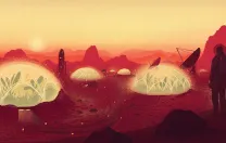 A silhouette of a person stands before glowing domes in a red, rocky landscape at sunset.