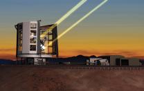 A rendering of the Giant Magellan Telescope in operation in Chile, deploying the lasers for its adaptive-optics system 