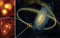 (at right): Artist’s rendering of a small galaxy being disrupted by a larger one and (at left) a simulation showing the gains in resolution obtained by using the GMT’s adaptive optics (to correct for blurring from Earth’s atmosphere) in studying crowded star clusters. 