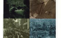 Challenges and response (clockwise from upper left): Prague residents watch a Communist May Day parade in 1948; the Secretary of State; physical destruction in Münster, Germany in 1945; Marshall in the Commencement procession.