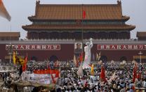 Tiananmen Square on May 28, with the student-made Goddess of Democracy statue facing the portrait of Mao Zedong, China&rsquo;s revolutionary founder