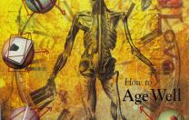 The cover from the March-April 2001 issue of Harvard Magazine with an illustration depicting an anatomical drawing of a human surrounded by the different contributions to aging well, or not.