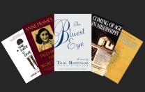Book jackets for "The Hate U Give," "The Diary of Anne Frank," "The Bluest Eye," "Coming of Age in Mississippi," and "Are You There, God? It's Me, Margaret"