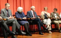 Bruce Walker, Dyann Wirth, moderator George Q. Daley, Angela DePace, and Samir Mitragotri at a symposium titled “Life Sciences Innovation and the Future of Medicine.”