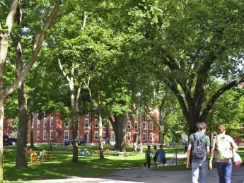 Harvard Yard with students walking