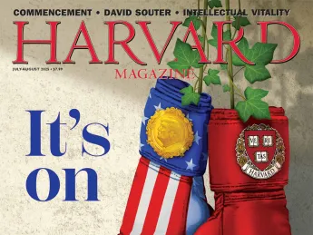 Cover of Harvard Magazine featuring boxing gloves with U.S. and Harvard insignias hanging below the headline “It’s on.”