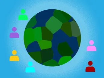 Stylized Earth surrounded by six colorful human icons on a blue background