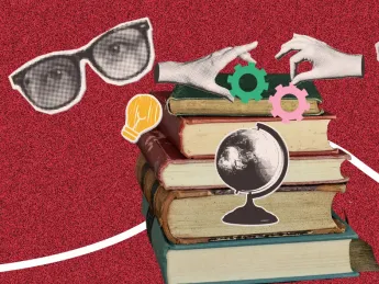 Stack of books with glasses, hands, gears, a globe, and a lightbulb on a red background.