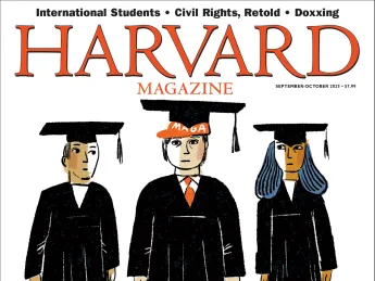 Illustration of three graduates, one wearing a red "MAGA" hat beneath their graduation cap.  Cover lines from top: International Students, Civil Rights, Retold, Doxxing. Harvard Magazine, September-October 2025- $7.99. Gen Z's politics are shifting (even at Harvard) 