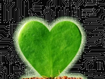A green heart-shaped leaf resting on soil, set against a circuit board background.