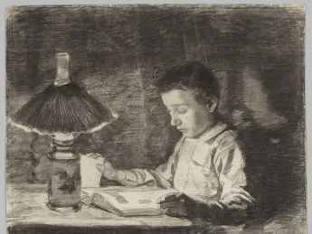 A drawing of a young boy reading by lamplight.