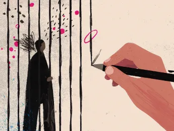A silhouette of a person behind bars, with a hand drawing an outline and colorful splashes.