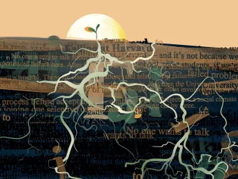 Conceptual illustration of a budding plant with long roots reaching into words of failure