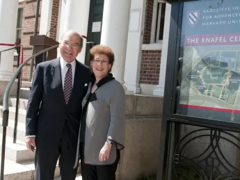 Sidney R. Knafel ’52, M.B.A. ’54, and Dean Lizabeth Cohen at the Knafel Center at the Radcliffe Institute