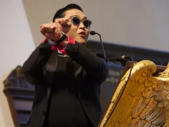 Donning a dark suit and his signature black sunglasses, Korean rapper and international YouTube sensation PSY spoke in Memorial Church this week, and showed his audience some dance moves.