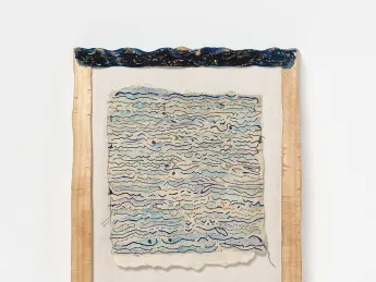 A framed drawing titled Accompanied: Two Views of the Sea, 2017-2020, by Marilyn Pappas and Jill Slosburg-Ackerman.
