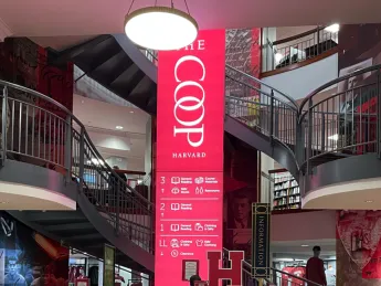 The staircase inside of Harvard COOP