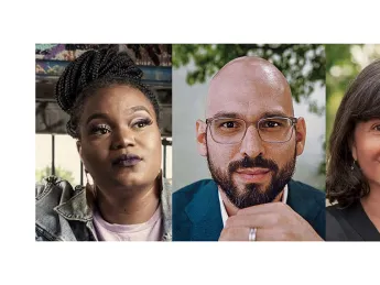 Headshots from left to right of Brittany White, Andrew Manuel Crespo, and Premal Dharia