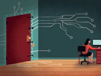 A woman sits at a desk with a computer, beside a red door connected by circuit lines.