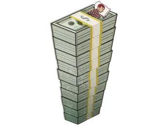 Illustratio of a man sleeping on a mattress made of stacks of dollars.