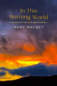 book cover for In This Burning World: Poems of Love and Apocalypse by Mary Mackey. The cover features a dramatic sunset or fire-like sky with dark clouds and vibrant orange and yellow hues.