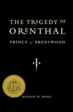 Book cover of The Tragedy of Orenthal: Prince of Brentwood by Michael W. Monk. The design is minimalist with a black background, featuring elegant white and red serif text. A small sword icon is centered below the title, and a gold Independent Publisher Book Award medallion appears in the lower left corner.