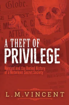 Book cover featuring a skull, text in bold on a red background, and newspaper clippings.