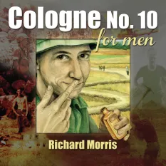 A vintage-style advertisement featuring a man with a bottle of cologne in a rural landscape.