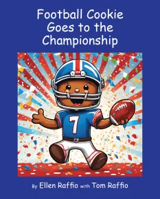 A cartoon character, a football player with a cookie head, celebrates with confetti.