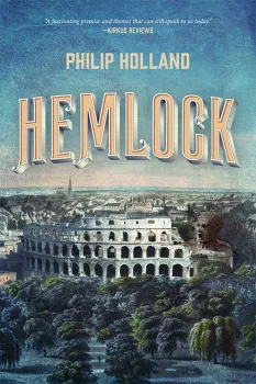 Book cover featuring "Hemlock" by Philip Holland, with a backdrop of the Colosseum and scenic landscape.