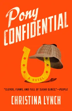 Book cover featuring a horseshoe and a detective hat on a bright orange background.