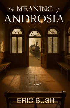 A book cover featuring a train station entrance with an antique train visible in the background.