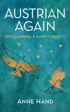 Book cover featuring gold birds on a teal background with the title "Austrian Again."