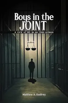 A silhouetted figure stands in a dimly lit corridor of a jail, with a scale of justice hanging above.