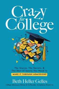 Book cover with a blue background, featuring a graduation cap and scattered college-related papers.