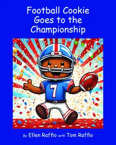 Cartoon character in football gear holding a football, with colorful comic-style background.