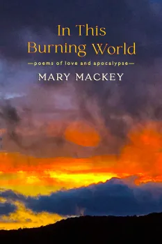 Book cover featuring a colorful sunset with dramatic clouds, titled "In This Burning World" by Mary Mackey.