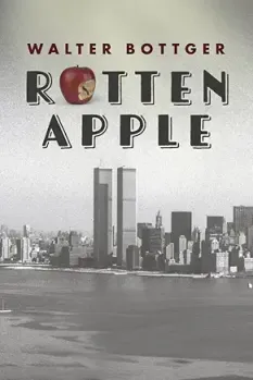 Black and white urban skyline with the Twin Towers and a red apple graphic in the title.