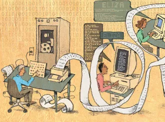 An illustration of generations of computers, from large machines to smartphones and the cloud